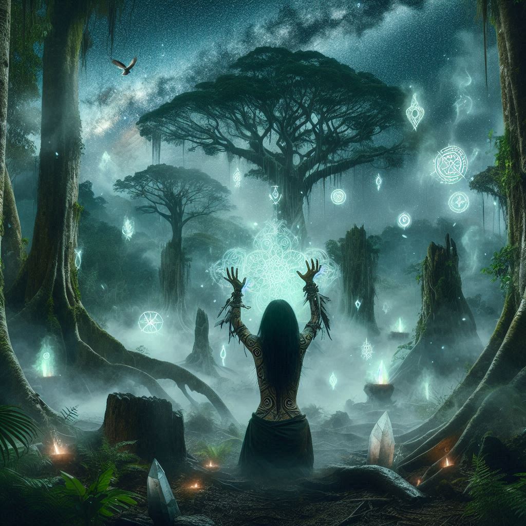 Ecos Ocultos das Selvas e dos Espíritos / imagem gerada por Ia / Bing image creator / bandoleiro.com