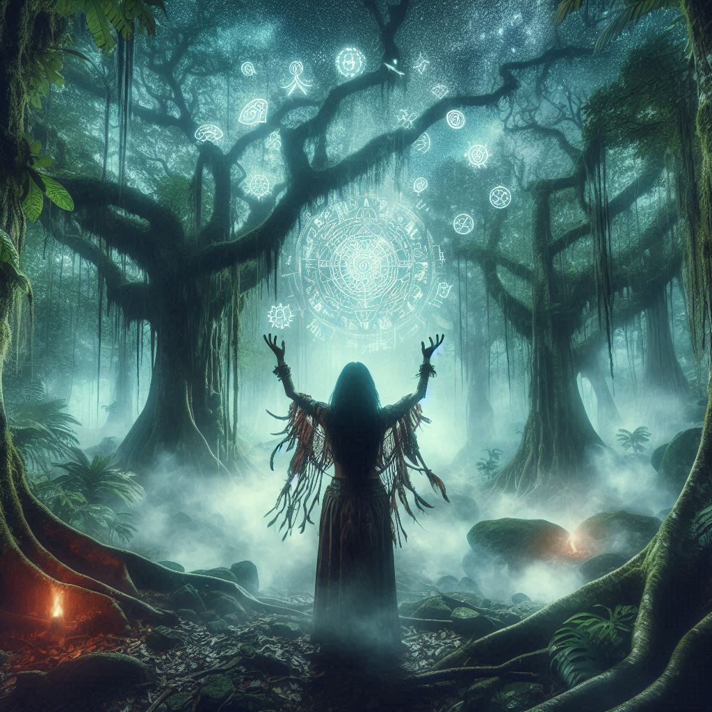 Ecos Ocultos das Selvas e dos Espíritos / imagem gerada por Ia / Bing image creator / bandoleiro.com