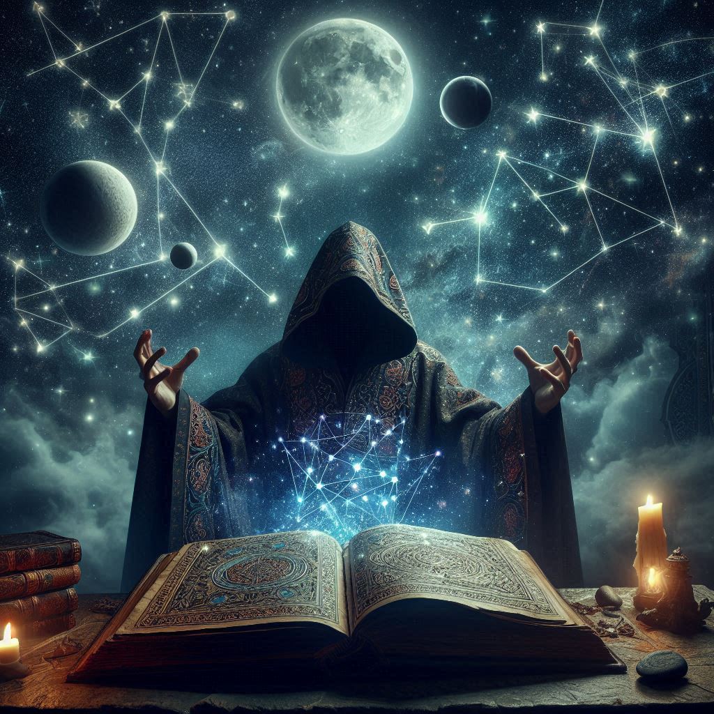O livro das fórmulas mágicas astrológicas / imagem gerada por IA / Bing Image Creator / bandoleiro.com