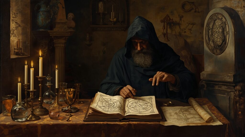 Ilustração de um alquimista medieval diante de um grimório aberto, cercado por símbolos herméticos, instrumentos laboratoriais antigos e um brilho dourado representando o ouro espiritual. By Leonardo.ai