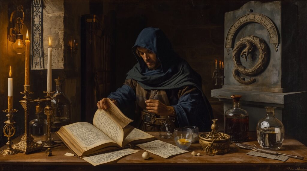 Ilustração de um alquimista medieval diante de um grimório aberto, cercado por símbolos herméticos, instrumentos laboratoriais antigos e um brilho dourado representando o ouro espiritual. Alquimia Ancestral - By Leonardo.ai