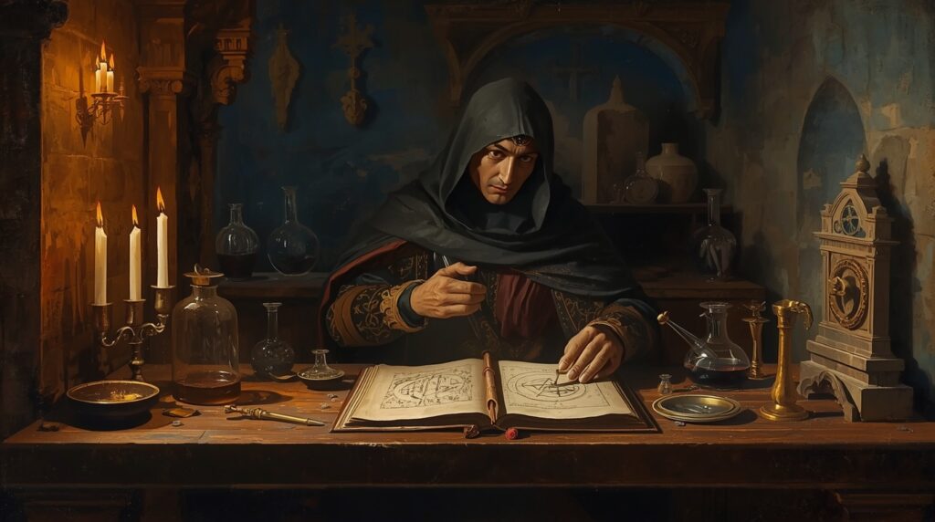 Ilustração de Hermes Trismegisto diante de um grimório aberto, cercado por símbolos herméticos, instrumentos laboratoriais antigos e um brilho dourado representando o ouro espiritual. Alquimia Ancestral - By Leonardo.ai
