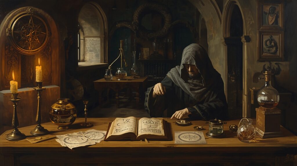 Ilustração de A Grande Obra (Magnum Opus) cercado por símbolos herméticos, instrumentos laboratoriais antigos e um brilho dourado representando o ouro espiritual. Alquimia Ancestral - By Leonardo.ai