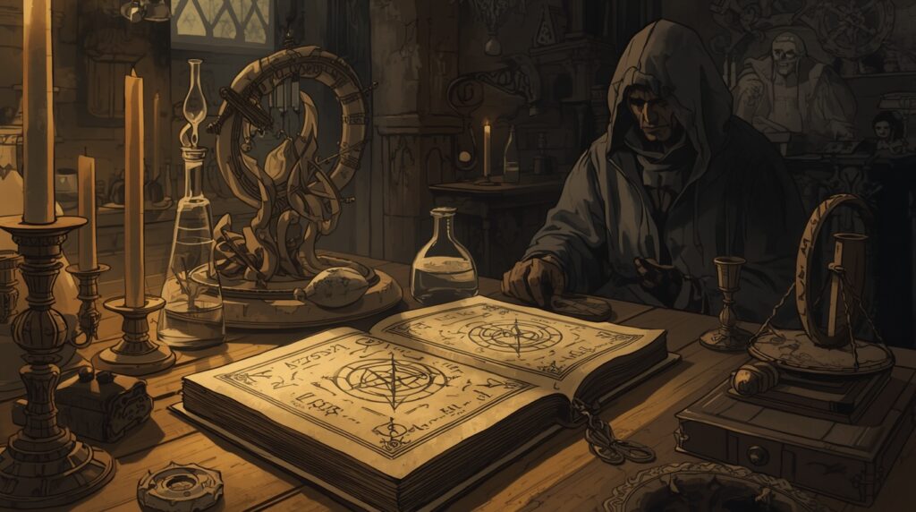 Ilustração de Os grandes mestres da alquimia histórica, cercado por símbolos herméticos, instrumentos laboratoriais antigos e um brilho dourado representando o ouro espiritual. Alquimia Ancestral - By Leonardo.ai