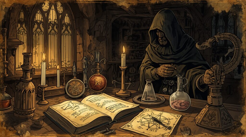 Ilustração de A alquimia e a magia cerimonial - símbolos herméticos, instrumentos laboratoriais antigos e um brilho dourado representando o ouro espiritual. Alquimia Ancestral - By Leonardo.ai
