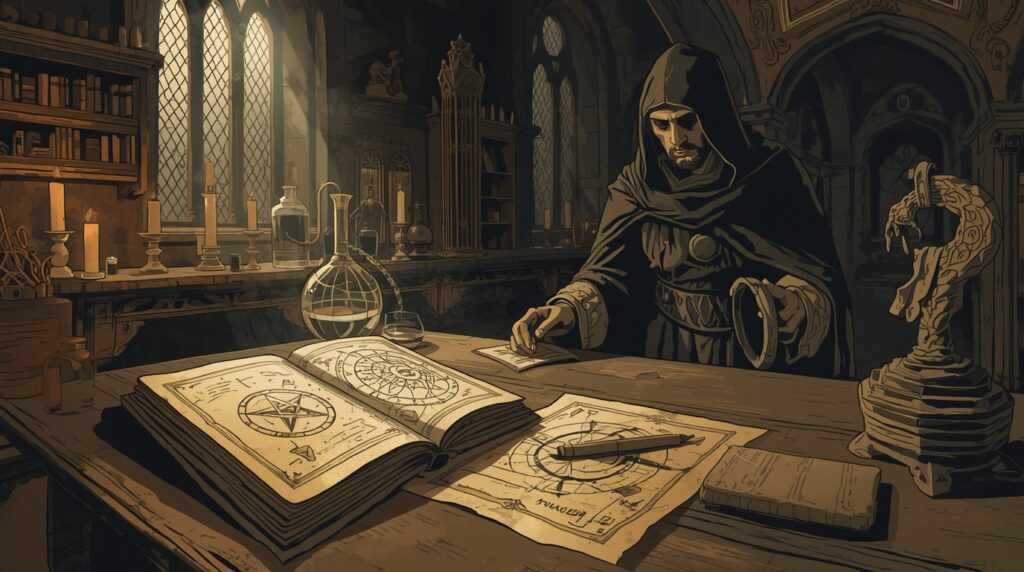 Ilustração de A alquimia e a magia cerimonial - símbolos herméticos, instrumentos laboratoriais antigos e um brilho dourado representando o ouro espiritual. Alquimia Ancestral - By Leonardo.ai
