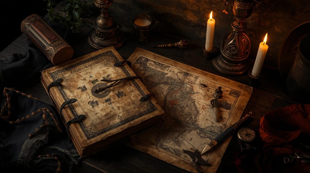 A dark, elegant, and magical setting featuring medieval manuscripts and sorcery grimoires. An old, closed magic book sits beside an antique map on a dark wooden table, illuminated by the dim light of partially burned candles. - by leonardo.ai -