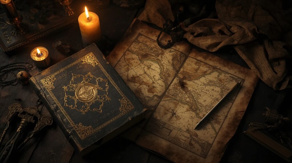 A magia cerimonial e a busca pela ordem do invisível - A dark, elegant, and magical setting featuring medieval manuscripts and sorcery grimoires. An old, closed magic book sits beside an antique map on a dark wooden table, illuminated by the dim light of partially burned candles. - by leonardo.ai -