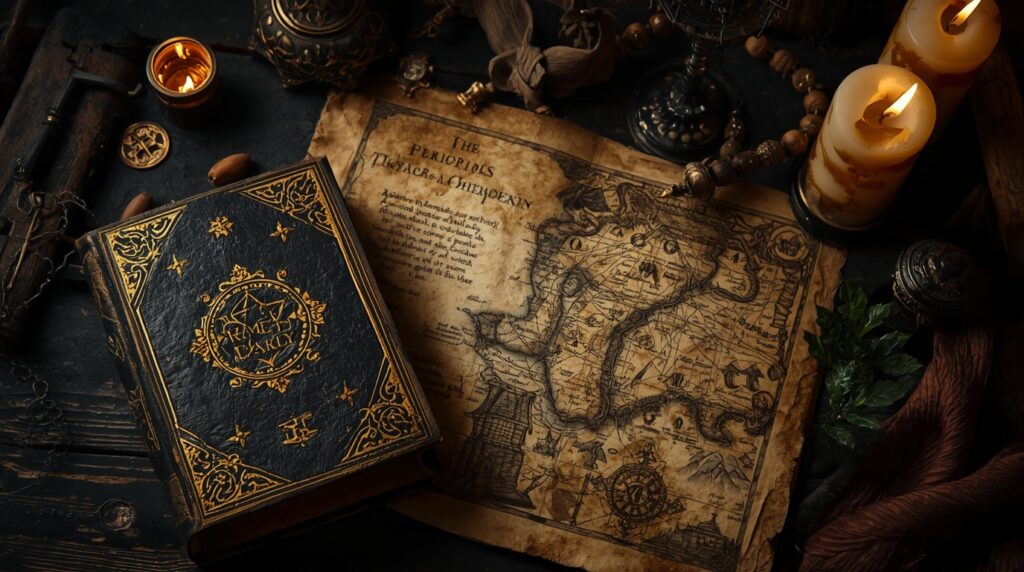 Grimórios, alquimia e ciência: caminhos que já foram um só - A magia cerimonial e a busca pela ordem do invisível - A dark, elegant, and magical setting featuring medieval manuscripts and sorcery grimoires. An old, closed magic book sits beside an antique map on a dark wooden table, illuminated by the dim light of partially burned candles. - by leonardo.ai -