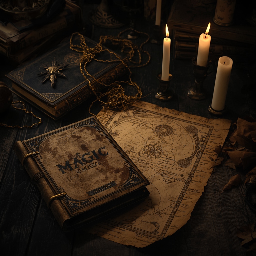 ilustração sobre A origem da palavra "grimório" - by leonardo.ai - A dark, elegant, and magical setting featuring medieval manuscripts and sorcery grimoires. An old, closed magic book sits beside an antique map on a dark wooden table, illuminated by the dim light of partially burned candles.