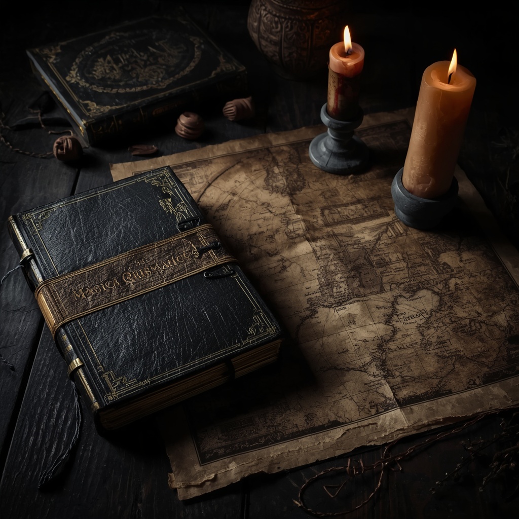 O auge dos grimórios: entre reis, magos e bibliotecas proibidas - A dark, elegant, and magical setting featuring medieval manuscripts and sorcery grimoires. An old, closed magic book sits beside an antique map on a dark wooden table, illuminated by the dim light of partially burned candles. - by leonardo.ai -