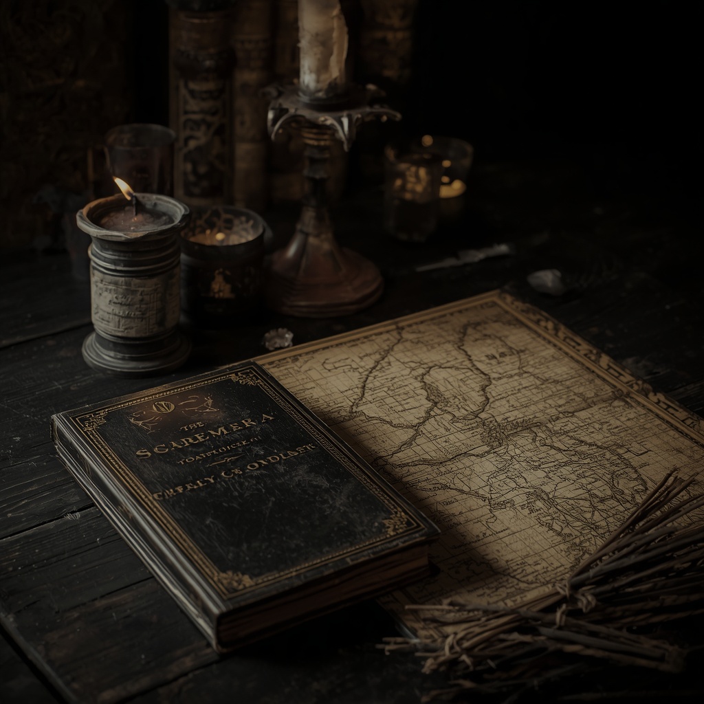 Por que os grimórios continuam despertando interesse? - A magia cerimonial e a busca pela ordem do invisível - A dark, elegant, and magical setting featuring medieval manuscripts and sorcery grimoires. An old, closed magic book sits beside an antique map on a dark wooden table, illuminated by the dim light of partially burned candles. - by leonardo.ai -