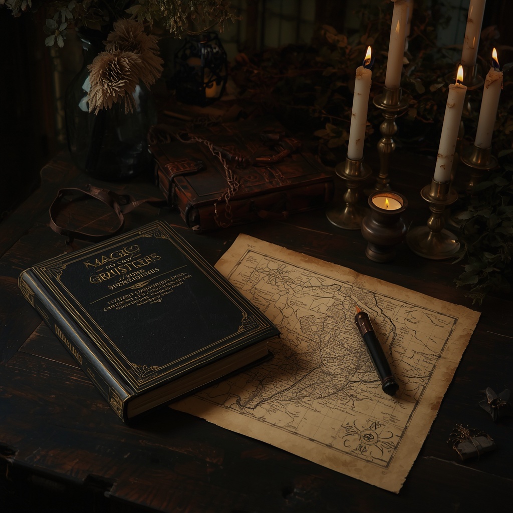 O Renascimento e o retorno do conhecimento antigo - A magia cerimonial e a busca pela ordem do invisível - A dark, elegant, and magical setting featuring medieval manuscripts and sorcery grimoires. An old, closed magic book sits beside an antique map on a dark wooden table, illuminated by the dim light of partially burned candles. - by leonardo.ai -